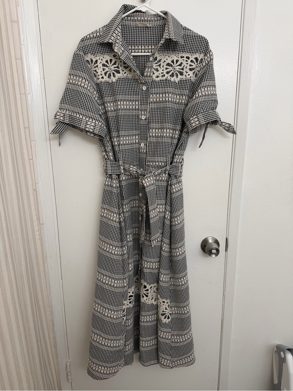 Button-Front Shirt Dress with Lace Insets - Black & Cream
